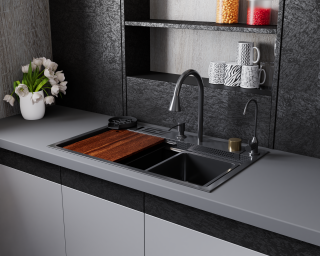 Кухонная мойка многофункц. DQ нерж.сталь матовый серый в комплекте со смесителем и аксессуарами (DKS754606)